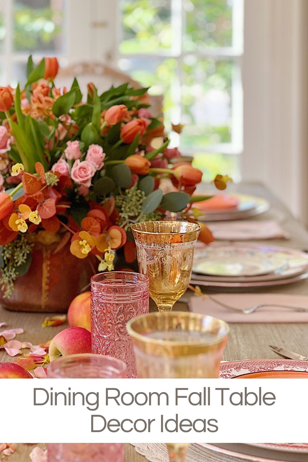 I love fresh flowers and today I am sharing lots of dining room fall table decor ideas. This fall table is highlighted with fresh flowers in my fall palette colors.