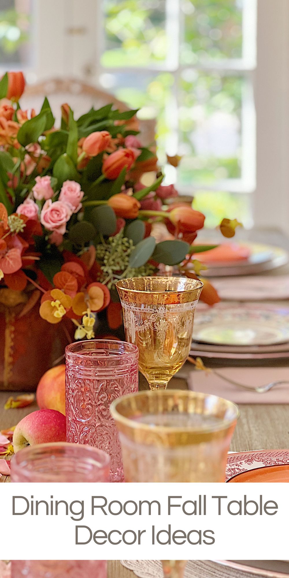 I love fresh flowers and today I am sharing lots of dining room fall table decor ideas. This fall table is highlighted with fresh flowers in my fall palette colors.