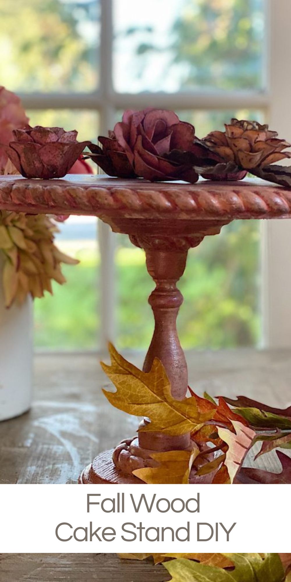 I have been busy making crafts for fall and I love this DIY - a fall wood cake stand. I chose to use fall colors (instead of white) and am so happy I did!