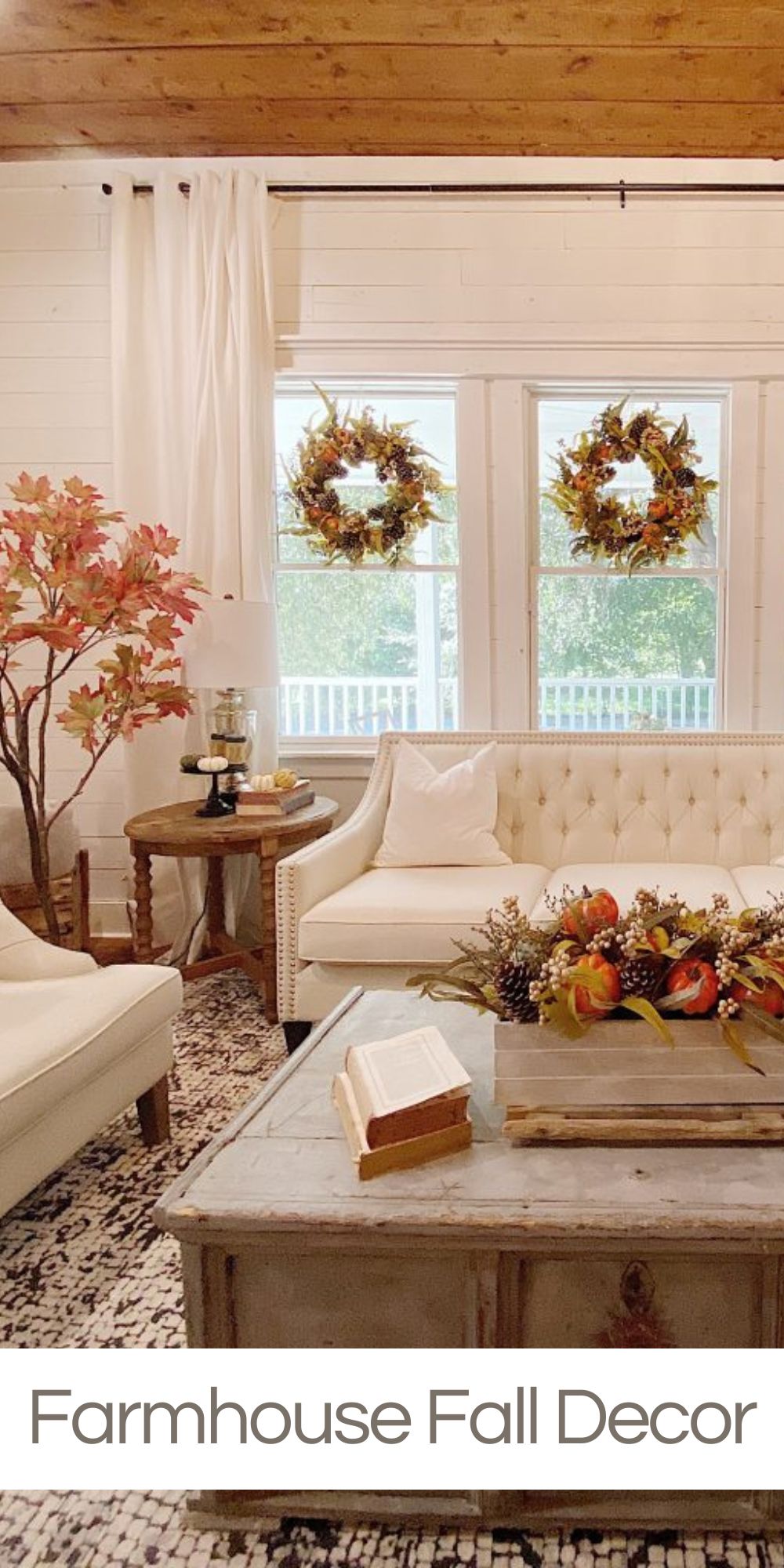 I wanted to share more fall decor so why not start with some farmhouse decor in our Waco living room? The fall decor brightens up our home!