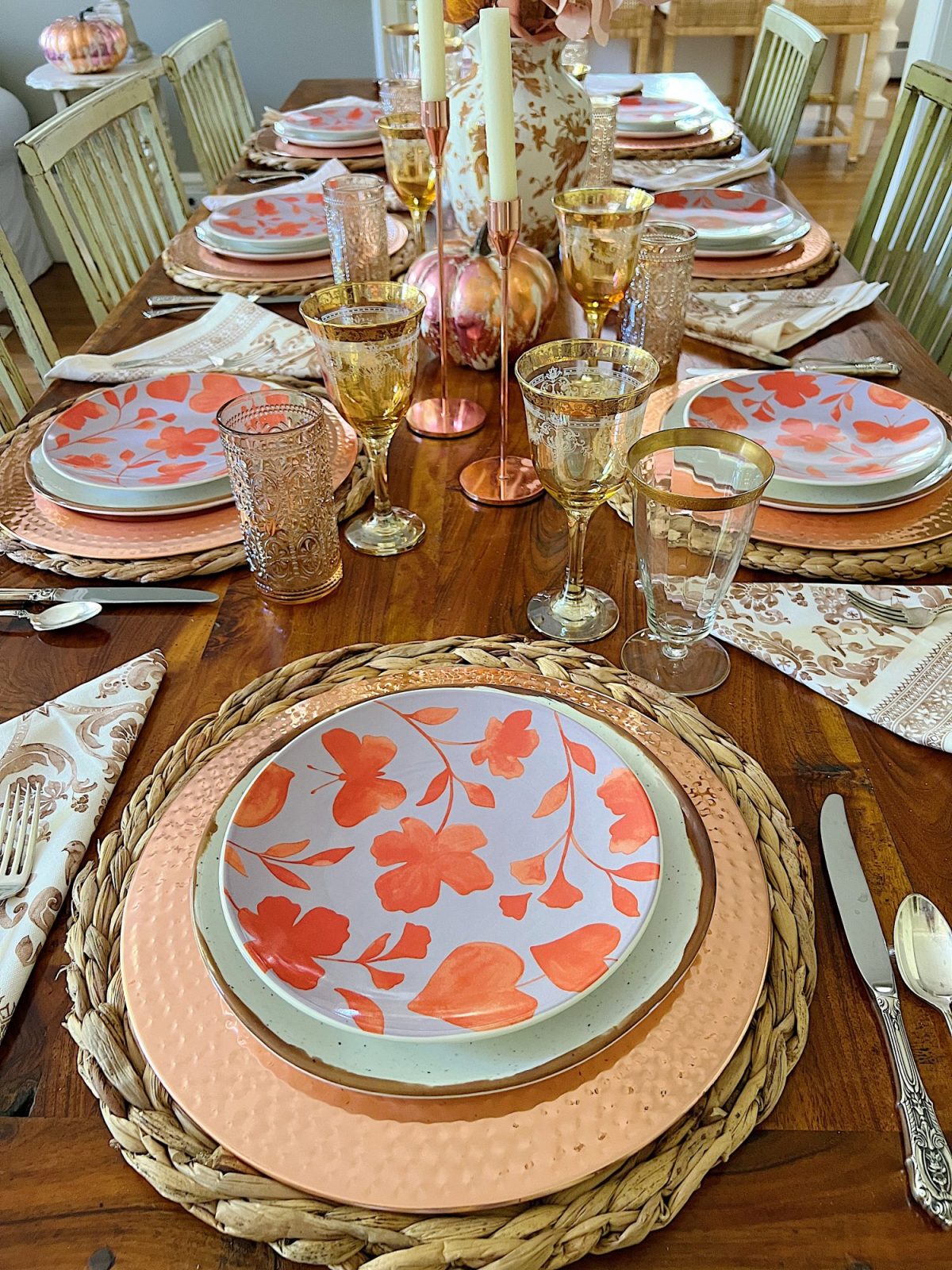 Decorating our family room with peach, pink, and copper repurposed and recycled fall decor.