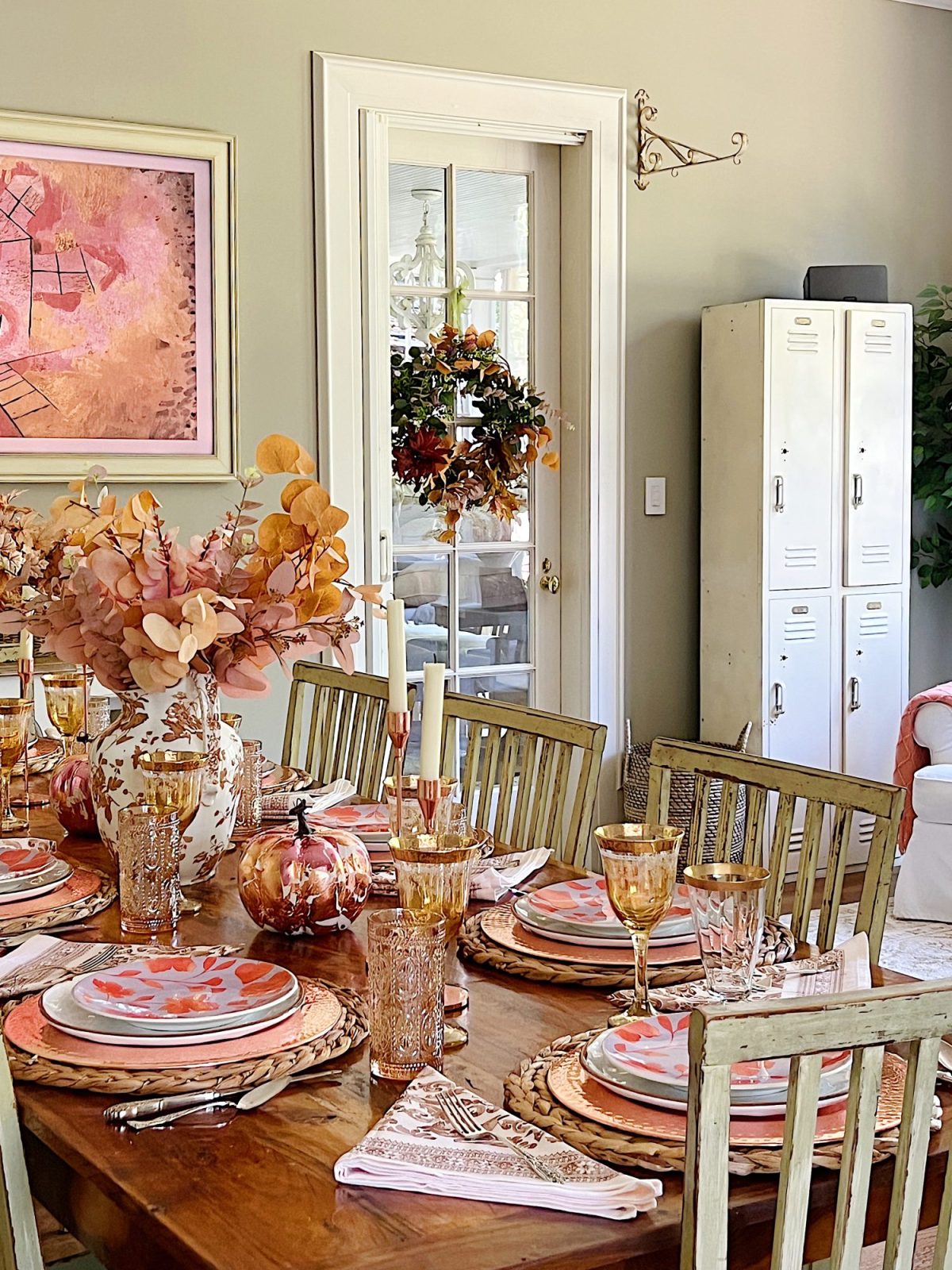 Decorating our family room with peach, pink, and copper repurposed and recycled fall decor.
