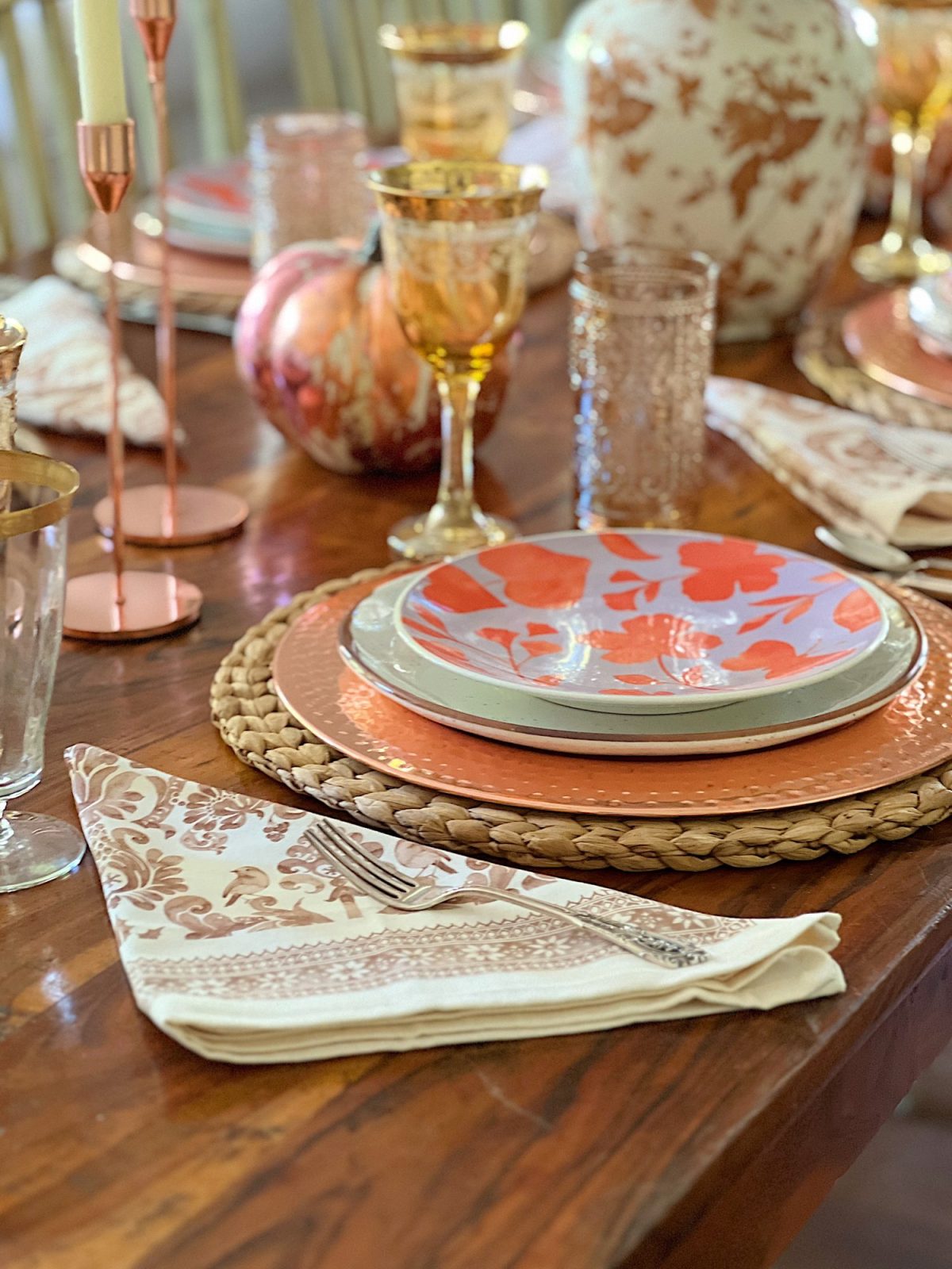 Decorating our family room with peach, pink, and copper repurposed and recycled fall decor.