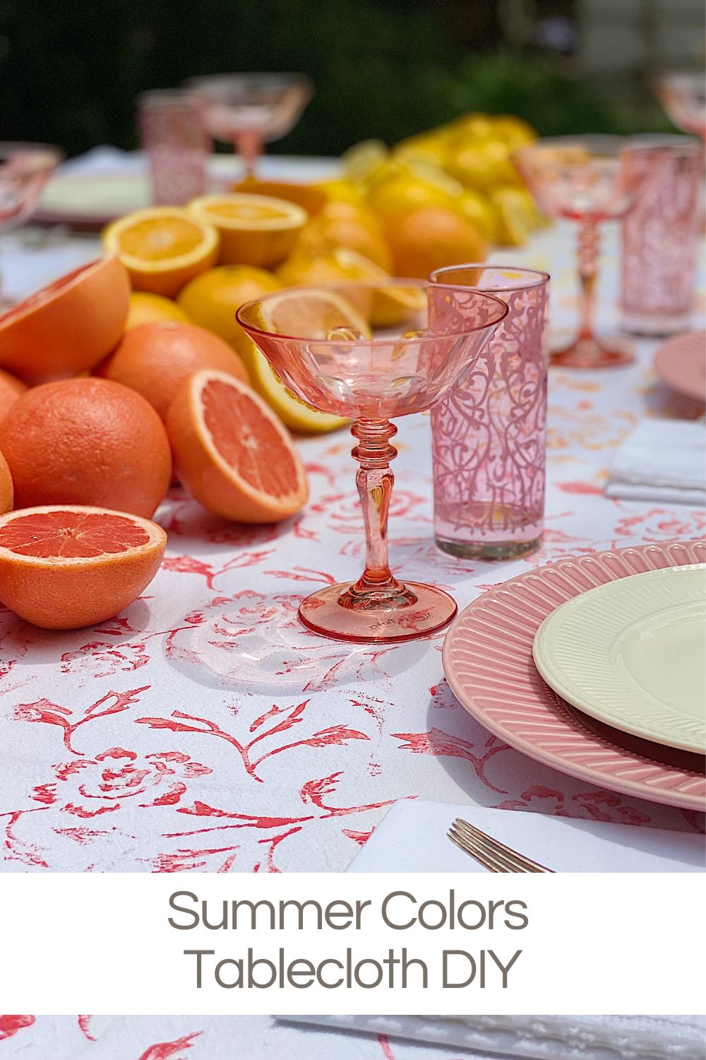 I love how I rescued this stained tablecloth by painting it in summer colors with a paint roller. It looks perfect on my citrus-themed table!