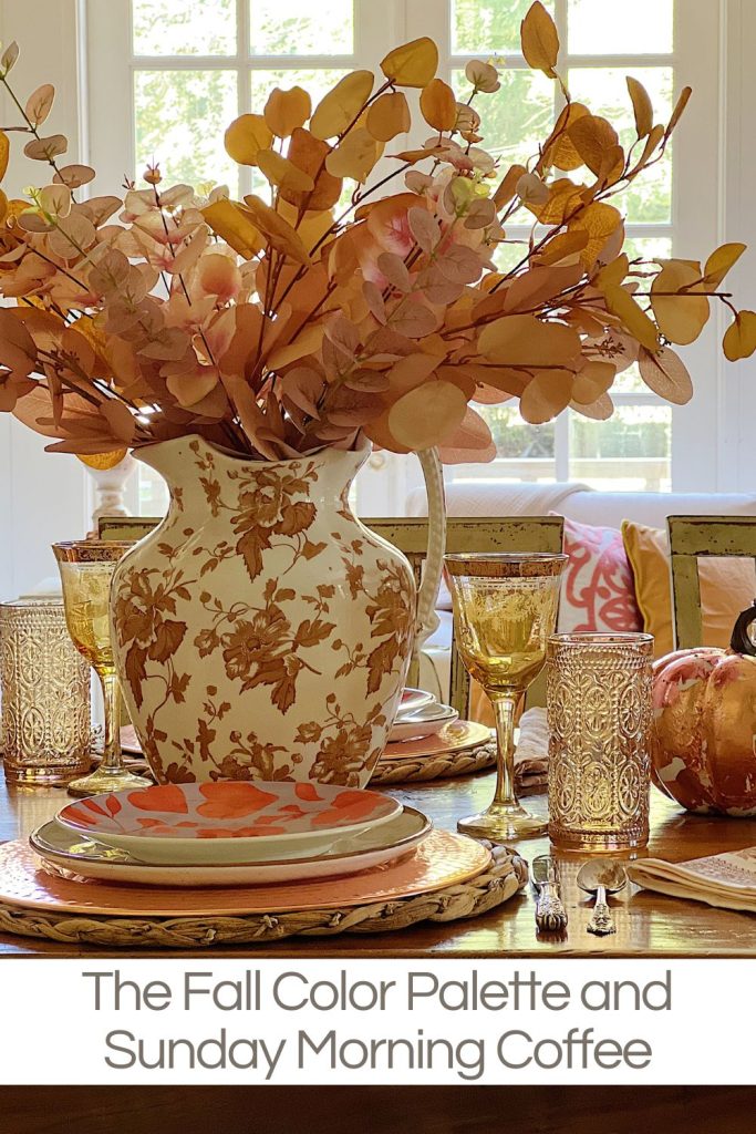 Decorating our family room table with peach, pink, and copper repurposed and recycled fall decor.