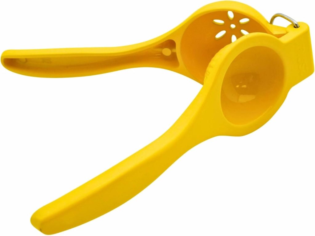 A yellow handheld citrus juicer with two handles and a round strainer cup—perfect for squeezing fresh juice from lemons or limes to brighten up your favorite protein bowl.
