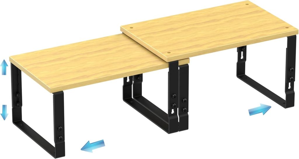 Two wooden shelves with black metal legs are shown; one shelf is raised and overlaps the other, with blue arrows indicating adjustable height and horizontal movement—perfect for inspiring modern Pantry Cabinet Ideas.