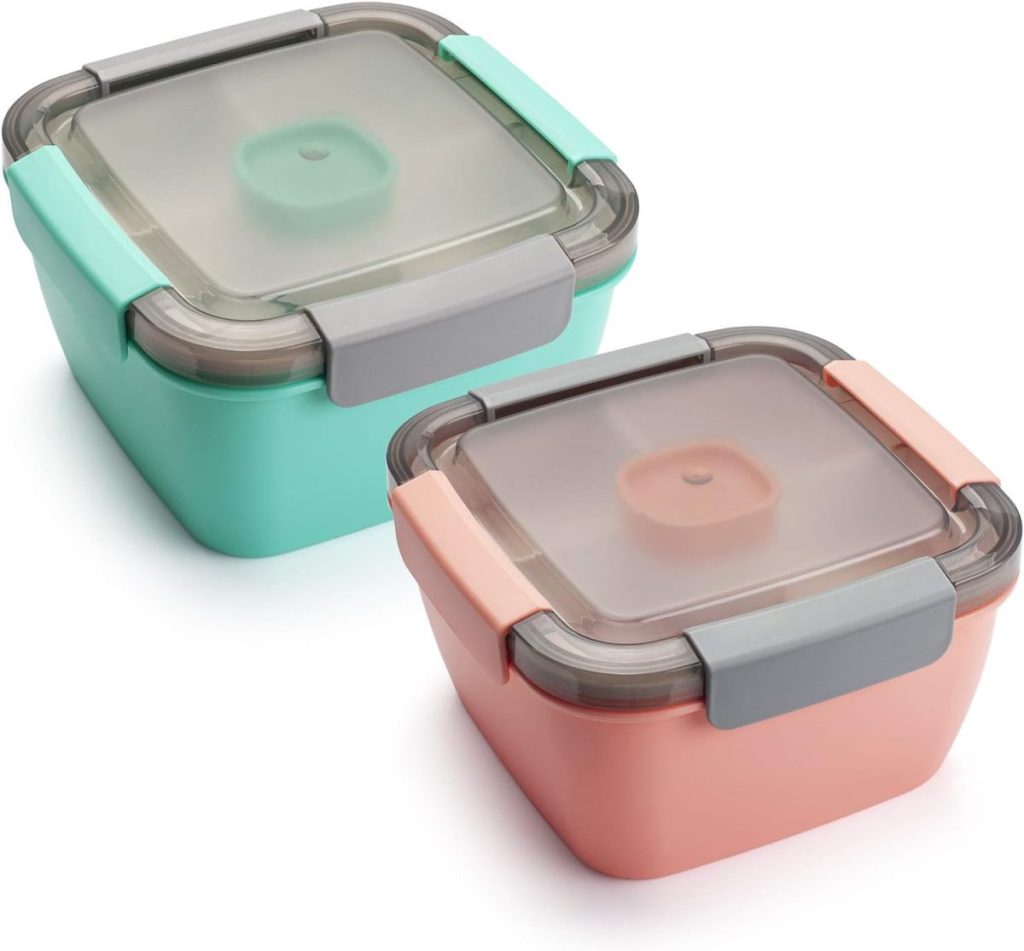 Two square plastic food containers with lids, perfect for packing your favorite protein bowl. One is mint green and the other peach, both featuring gray locking clips on the sides for secure storage.