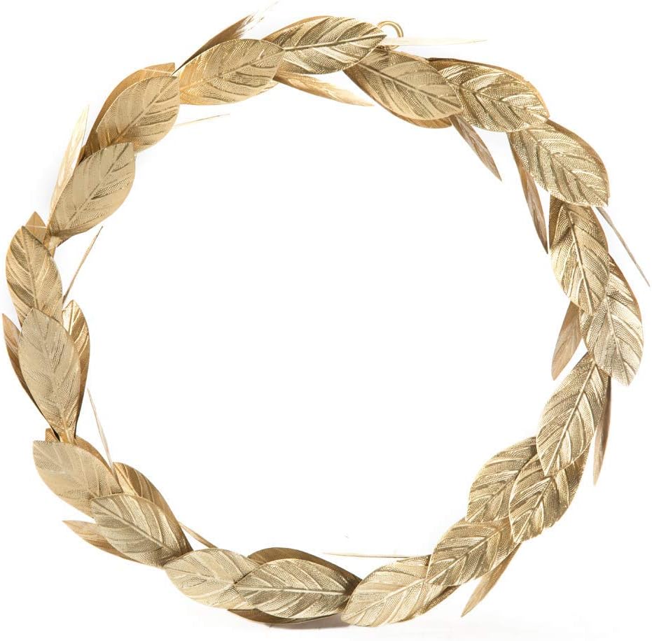 A golden laurel wreath with intricately detailed leaves arranged in a circular pattern embodies the perfect accent for wreaths for fall.