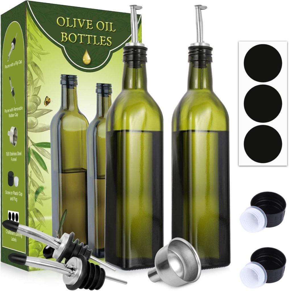 Set includes two green glass olive oil bottles with pour spouts, a funnel, extra caps, and round black labels—ideal for stylish Pantry Cabinet Ideas. Product box with images of the bottles is in the background.