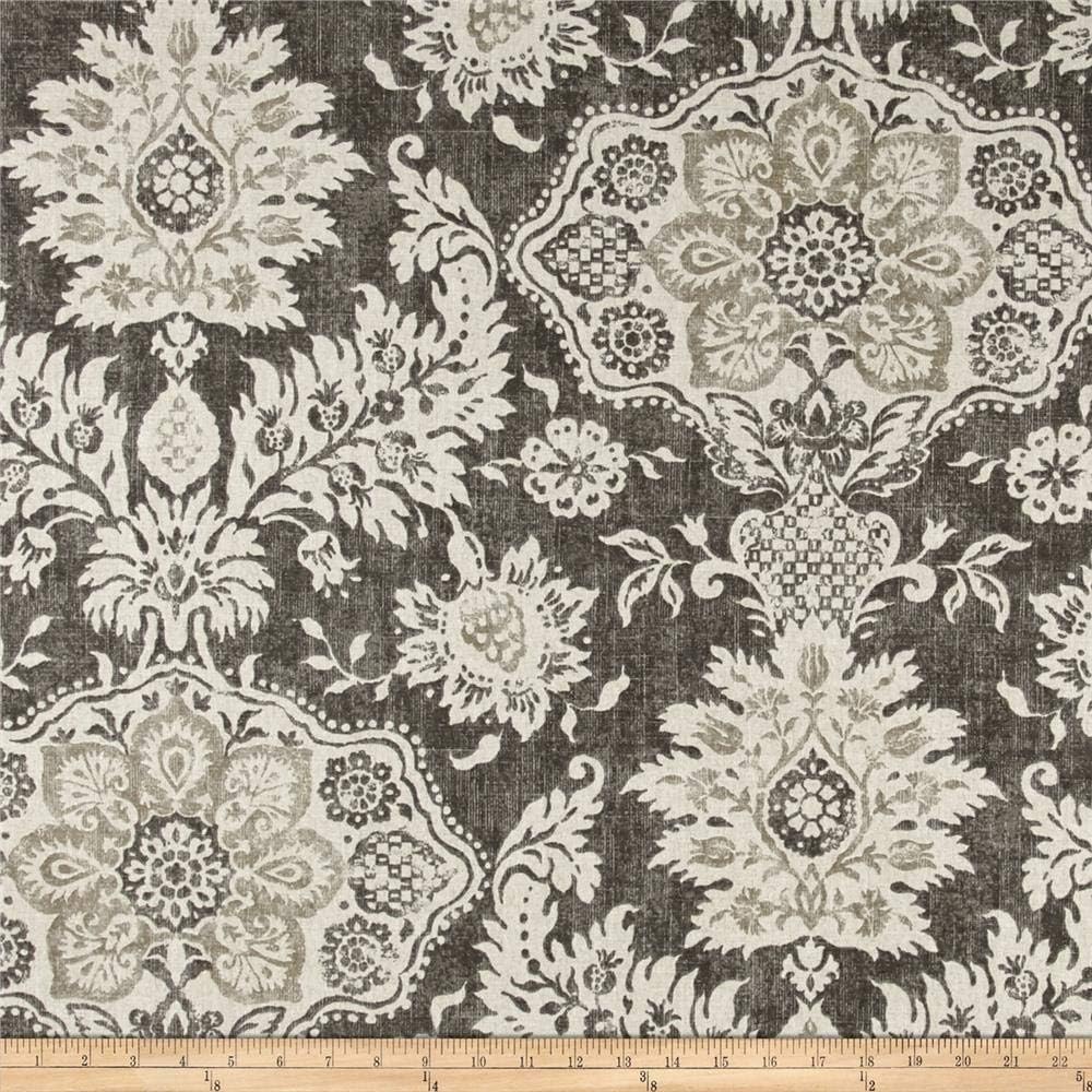 A fabric with intricate floral and ornamental patterns in white and gray tones features subtle fall pumpkins woven into the design. A measuring scale in inches is visible at the bottom.