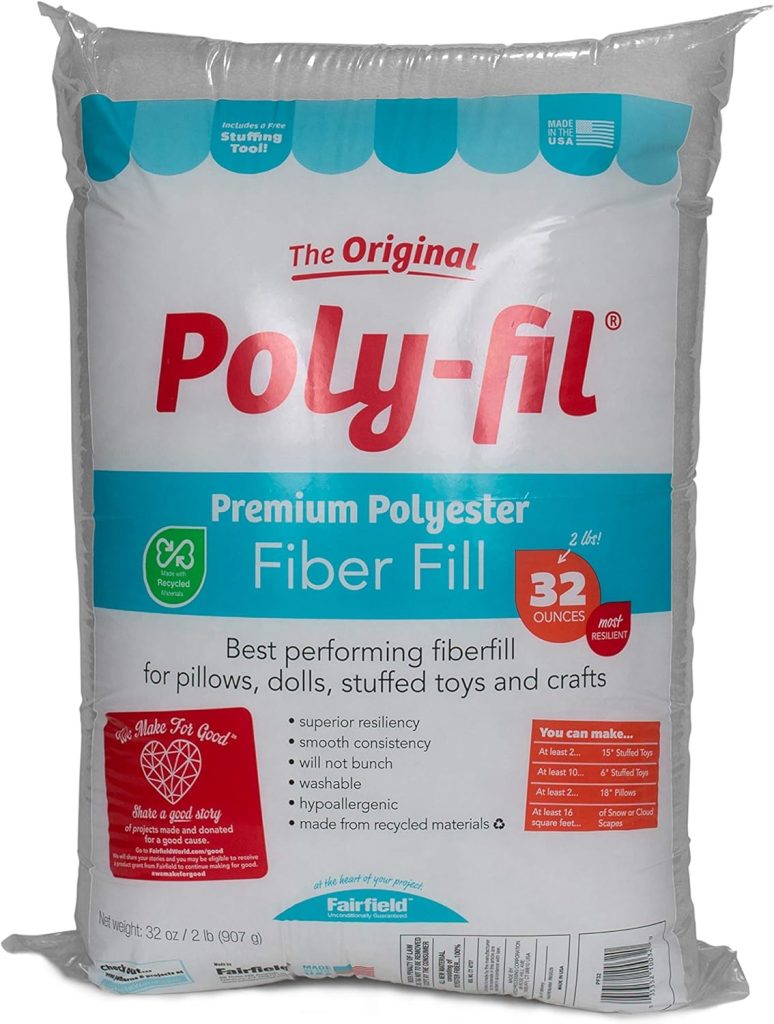 Bag of Poly-fil Premium Polyester Fiber Fill, 32 oz, perfect for filling pillows, dolls, stuffed toys, fall pumpkins, and crafts. The packaging includes product features and usage instructions.