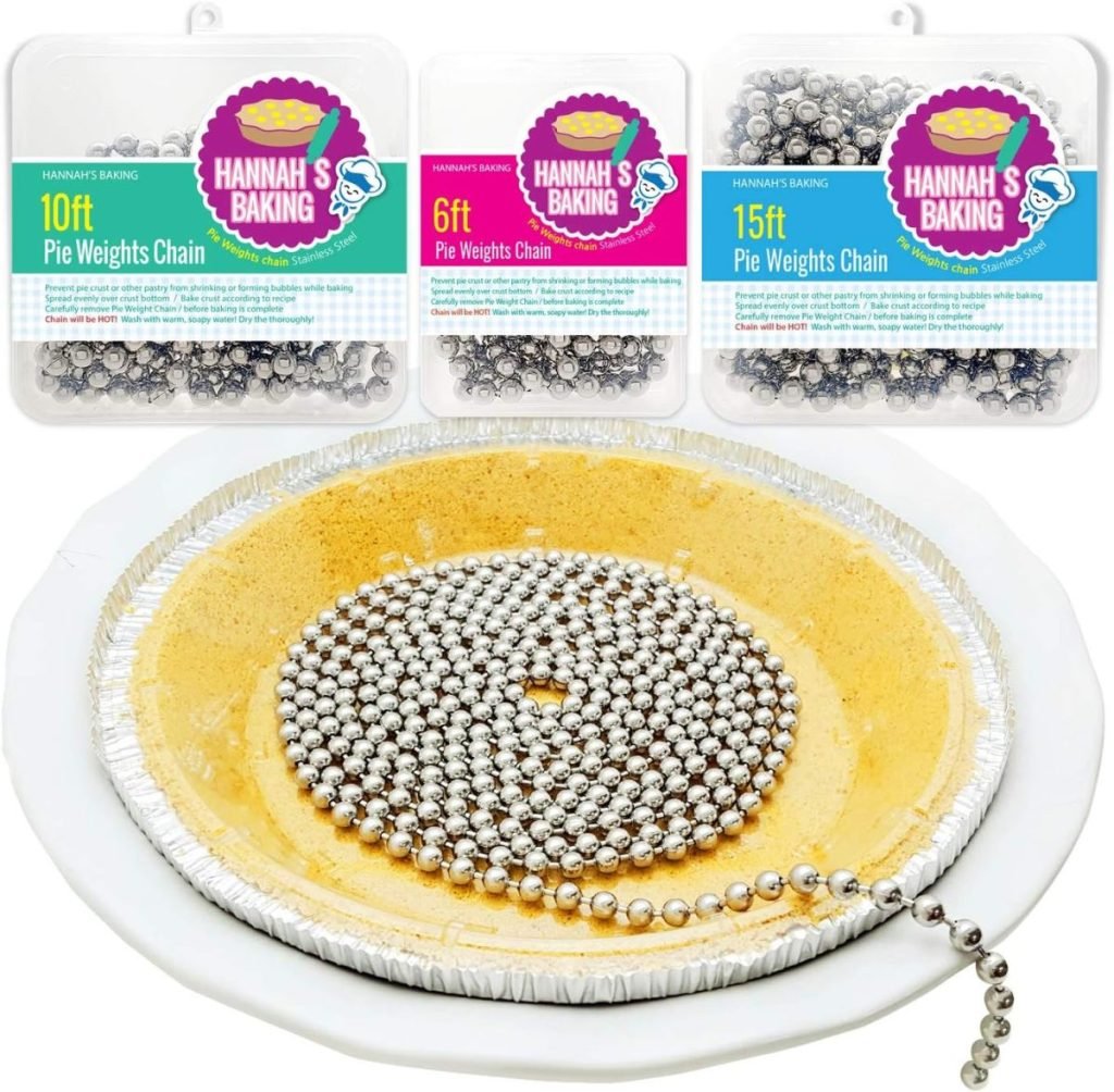 Pie weights in 10ft, 6ft, and 15ft packages are displayed. A pie weight chain is placed in a partially baked pie crust in a tin, perfect for making your delicious pear and cranberry tart.