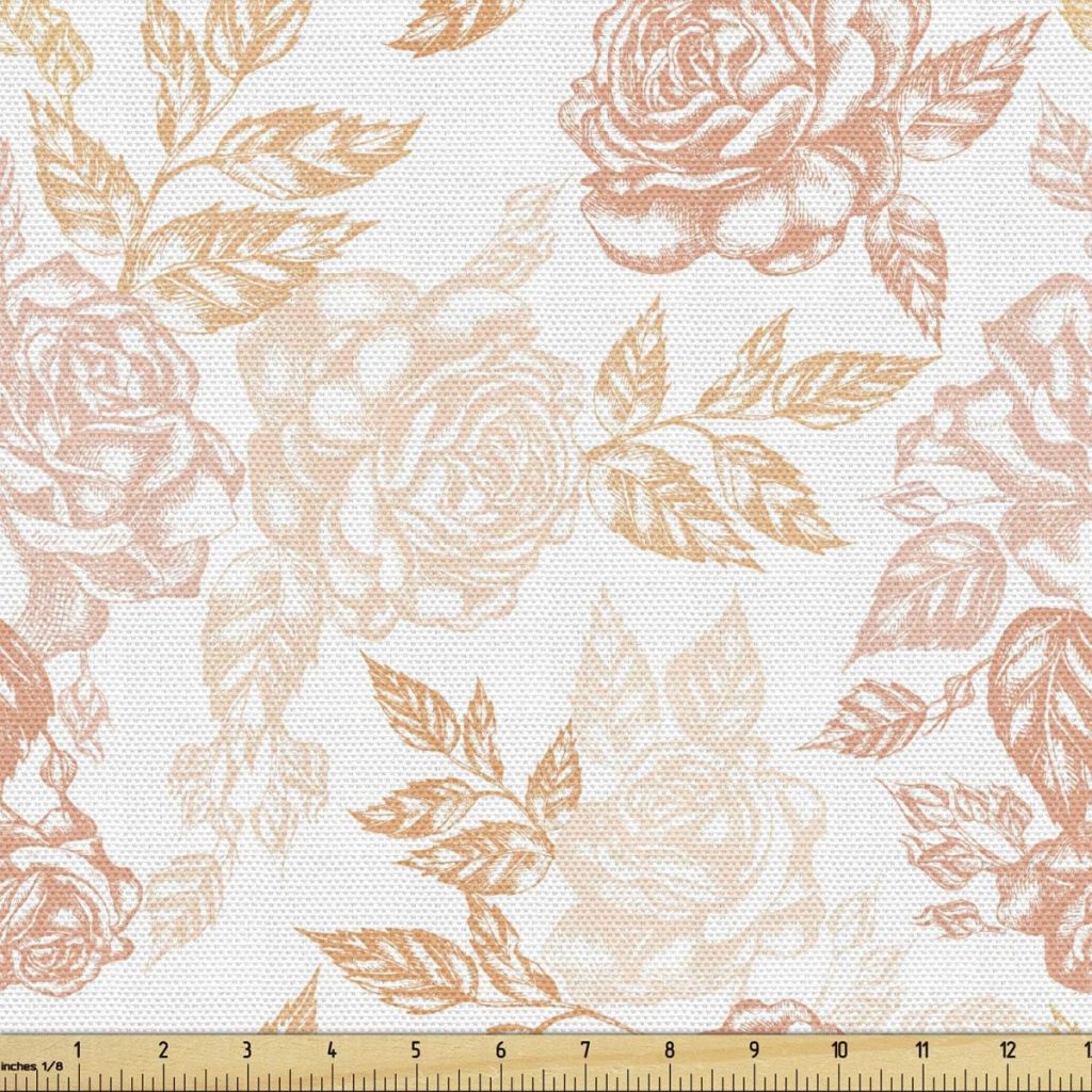 A seamless pattern features pastel-colored roses and leaves intertwined with fall pumpkins on a textured white background. A ruler at the bottom shows the scale of the design.