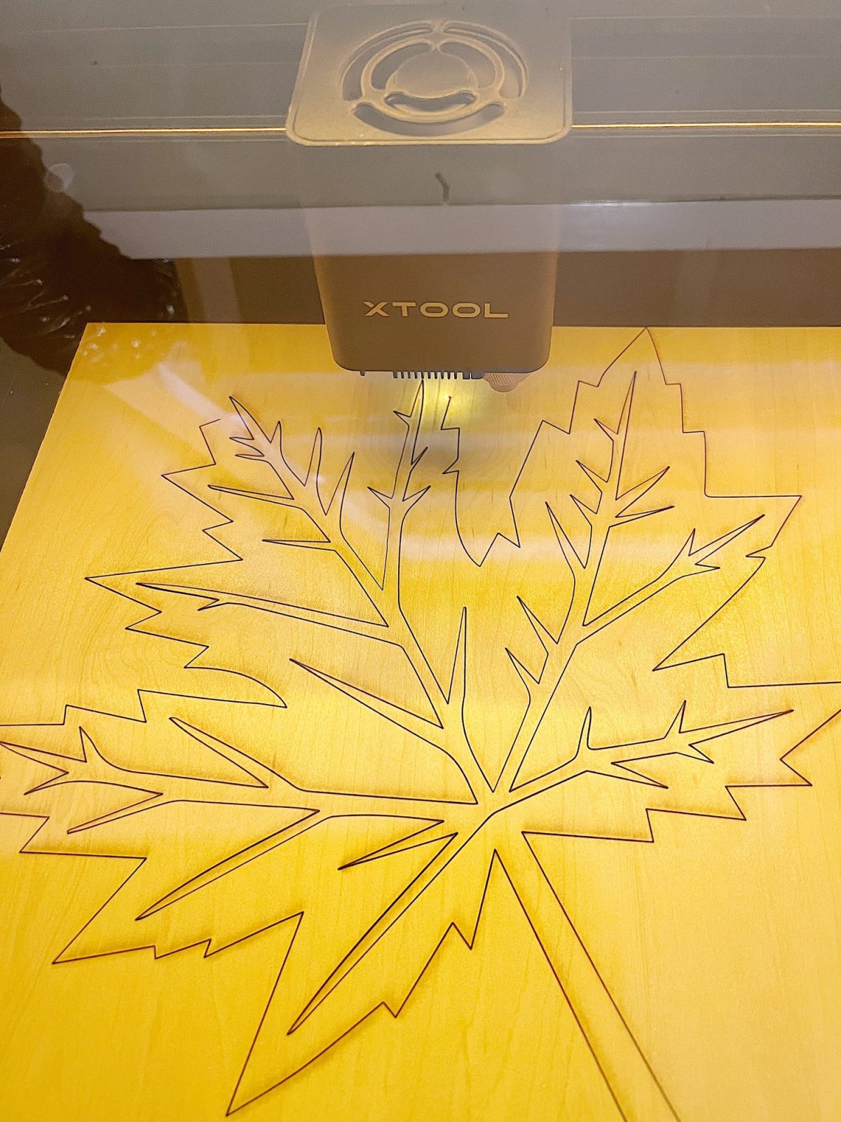 Designing and cutting a fall leaf wood charger with an xtool m1 laser cutting machine.