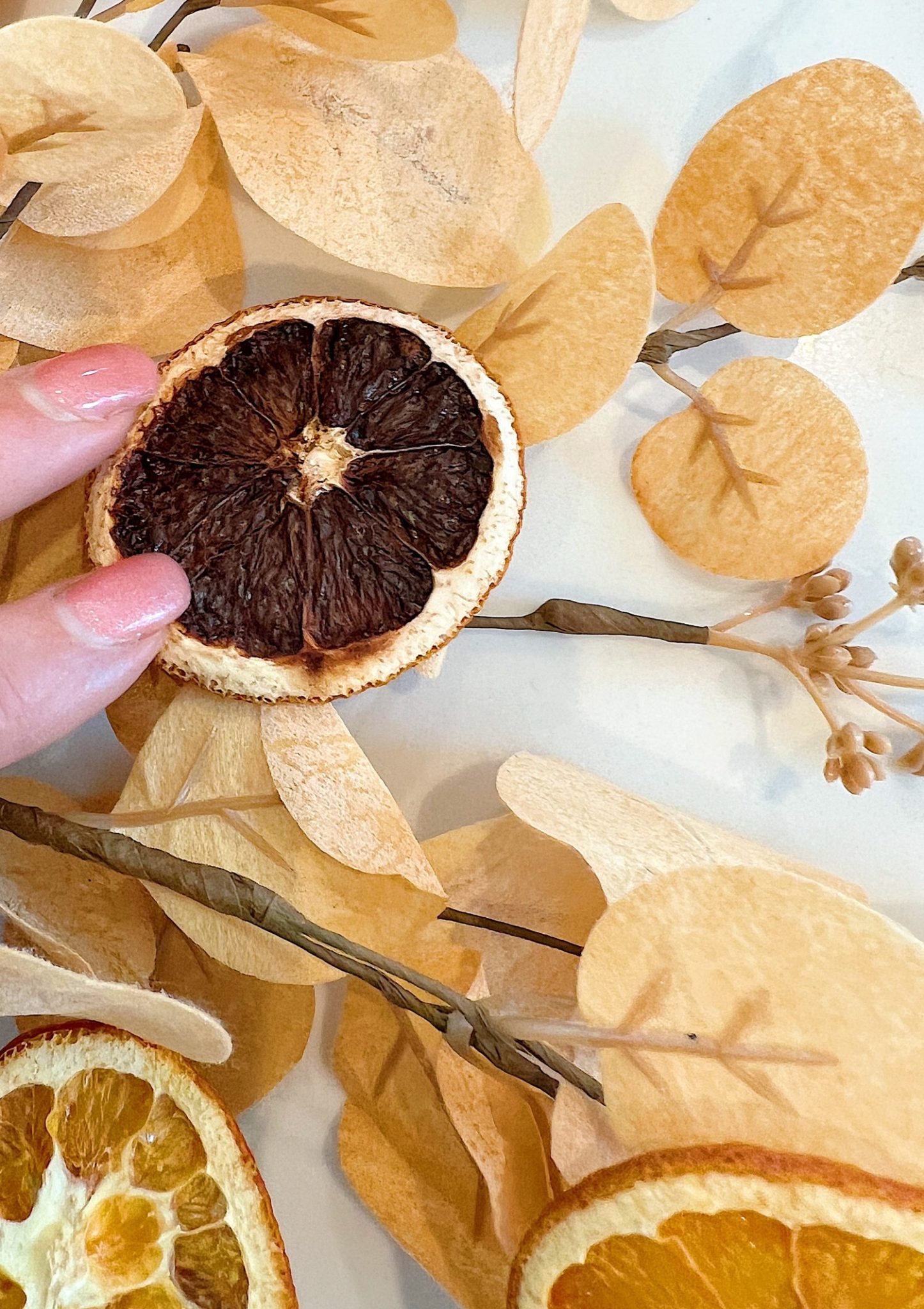 A DIY Halloween wreath made with a eucalyptus wreath and dried orange slices.