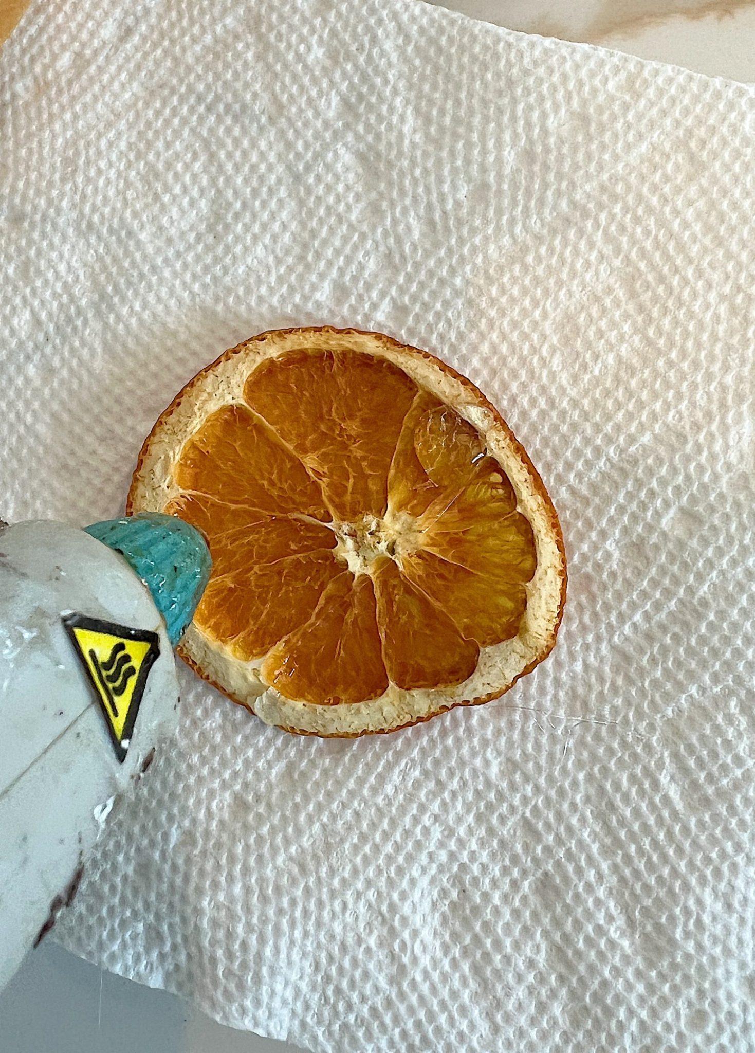 A DIY Halloween wreath made with a eucalyptus wreath and dried orange slices.
