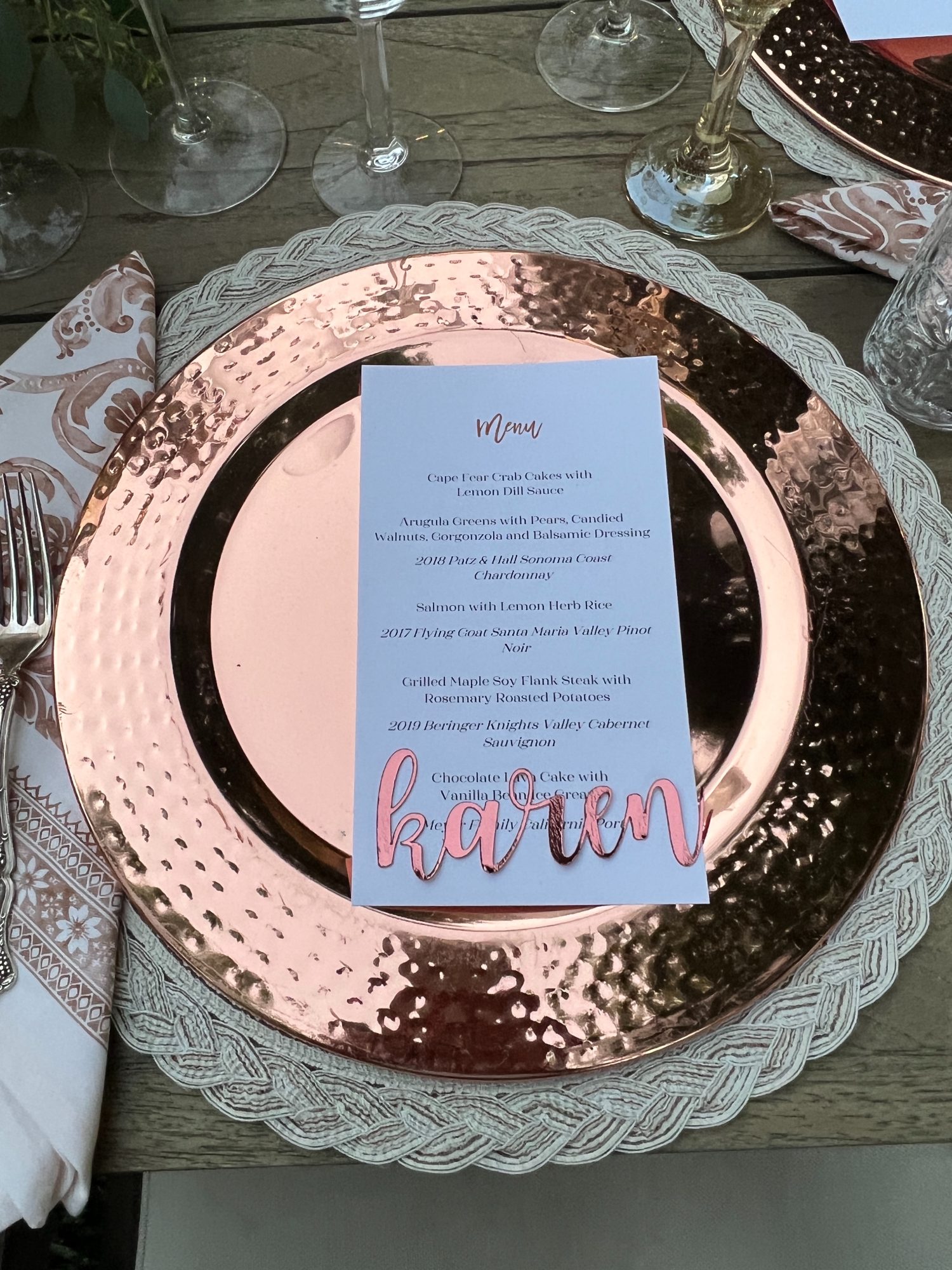 Setting the table for a dinner for eight which was planned and hosted by us to benefit charity.