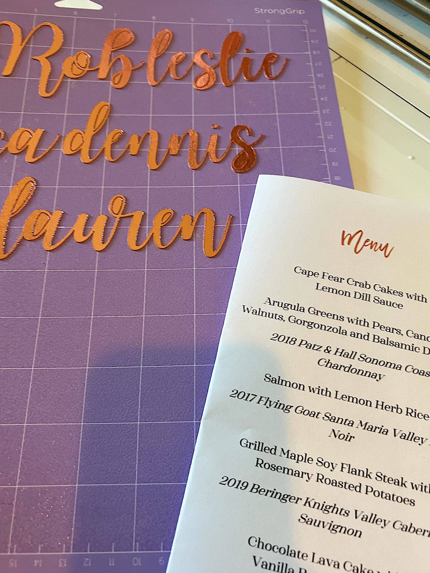 Making menus and place cards for a dinner for eight which was planned and hosted by us to benefit charity.