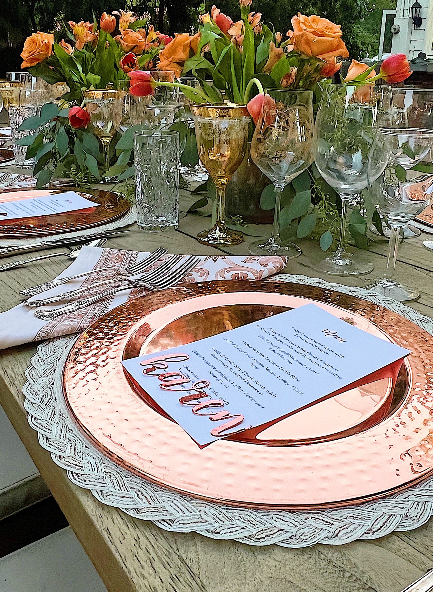 Setting the table for a dinner for eight which was planned and hosted by us to benefit charity.