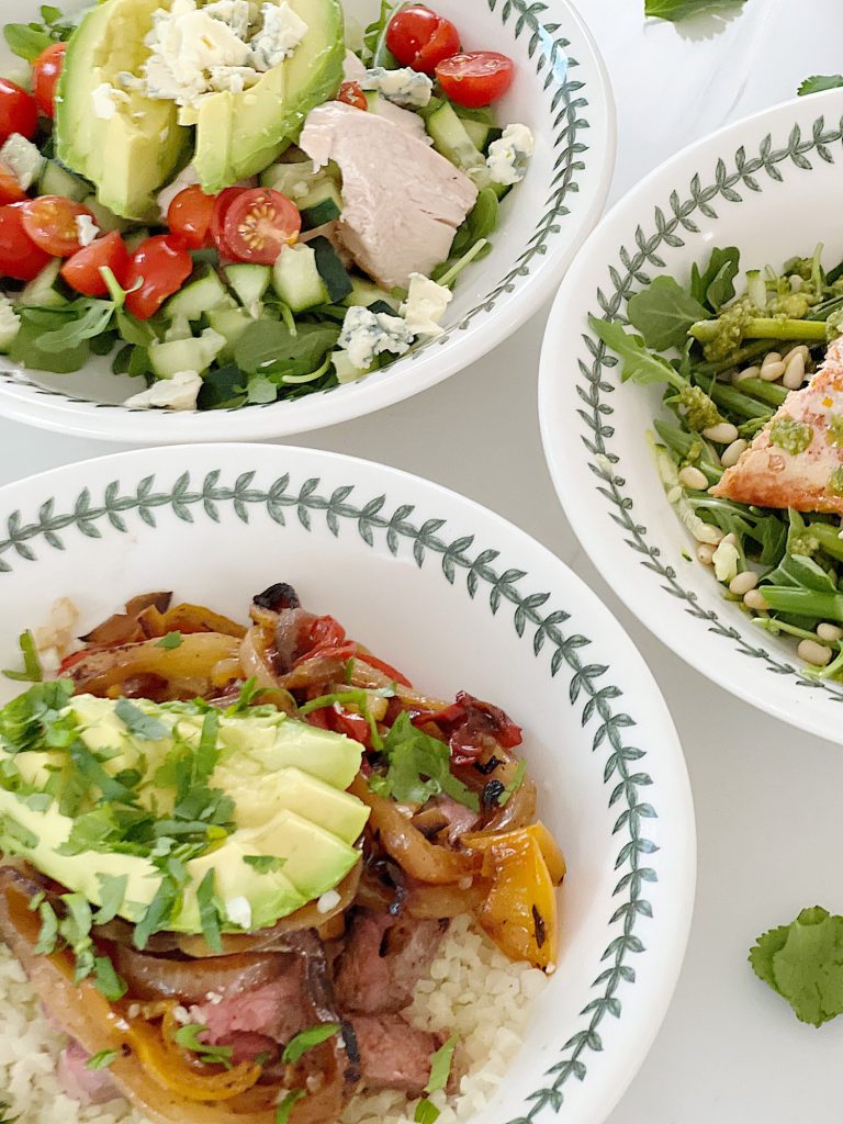 Three recipes for protein bowls - salmon, beef and chicken. They are loaded with vegetables and nutrients.