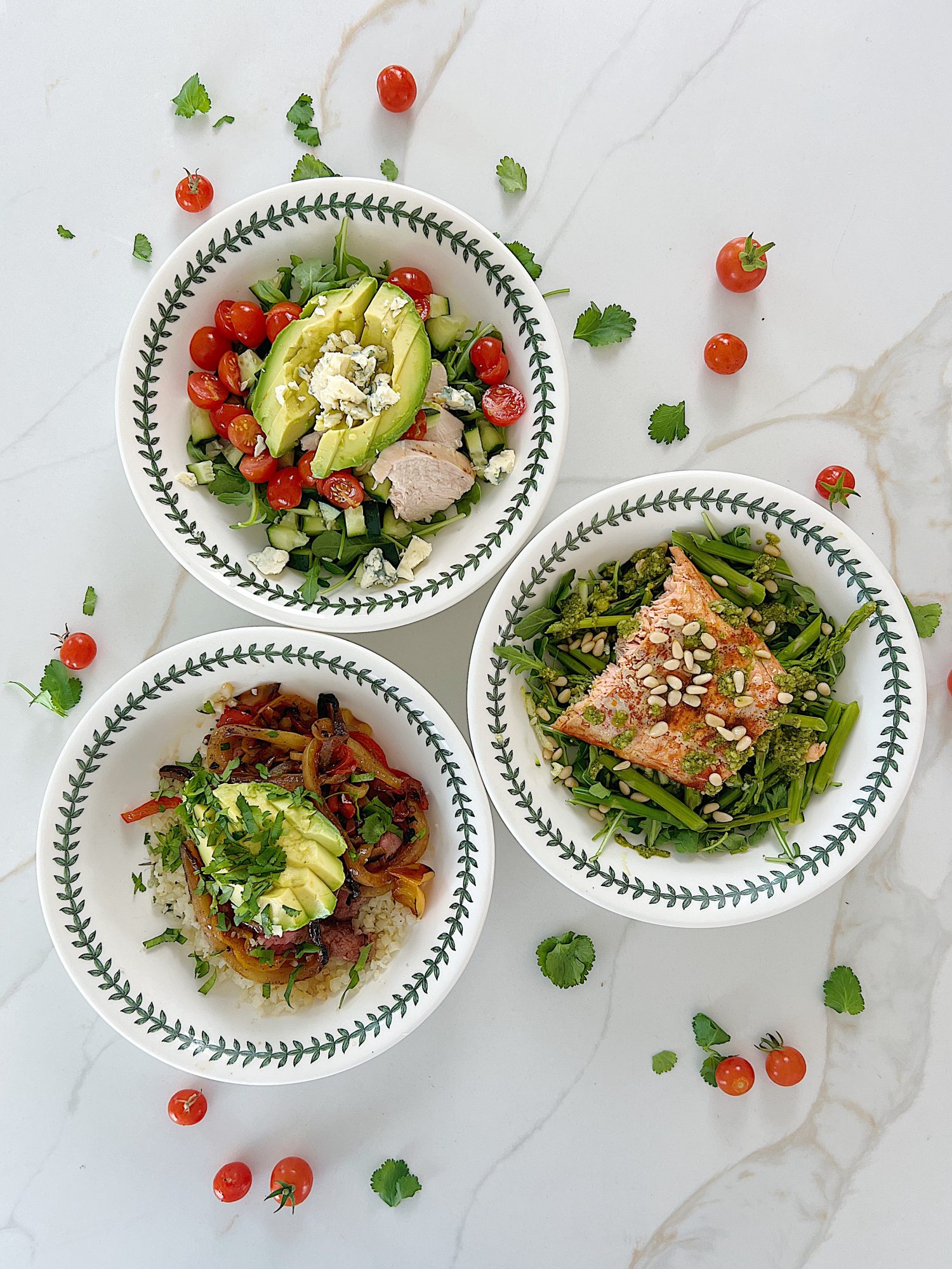 Three recipes for protein bowls - salmon, beef and chicken. They are loaded with vegetables and nutrients.