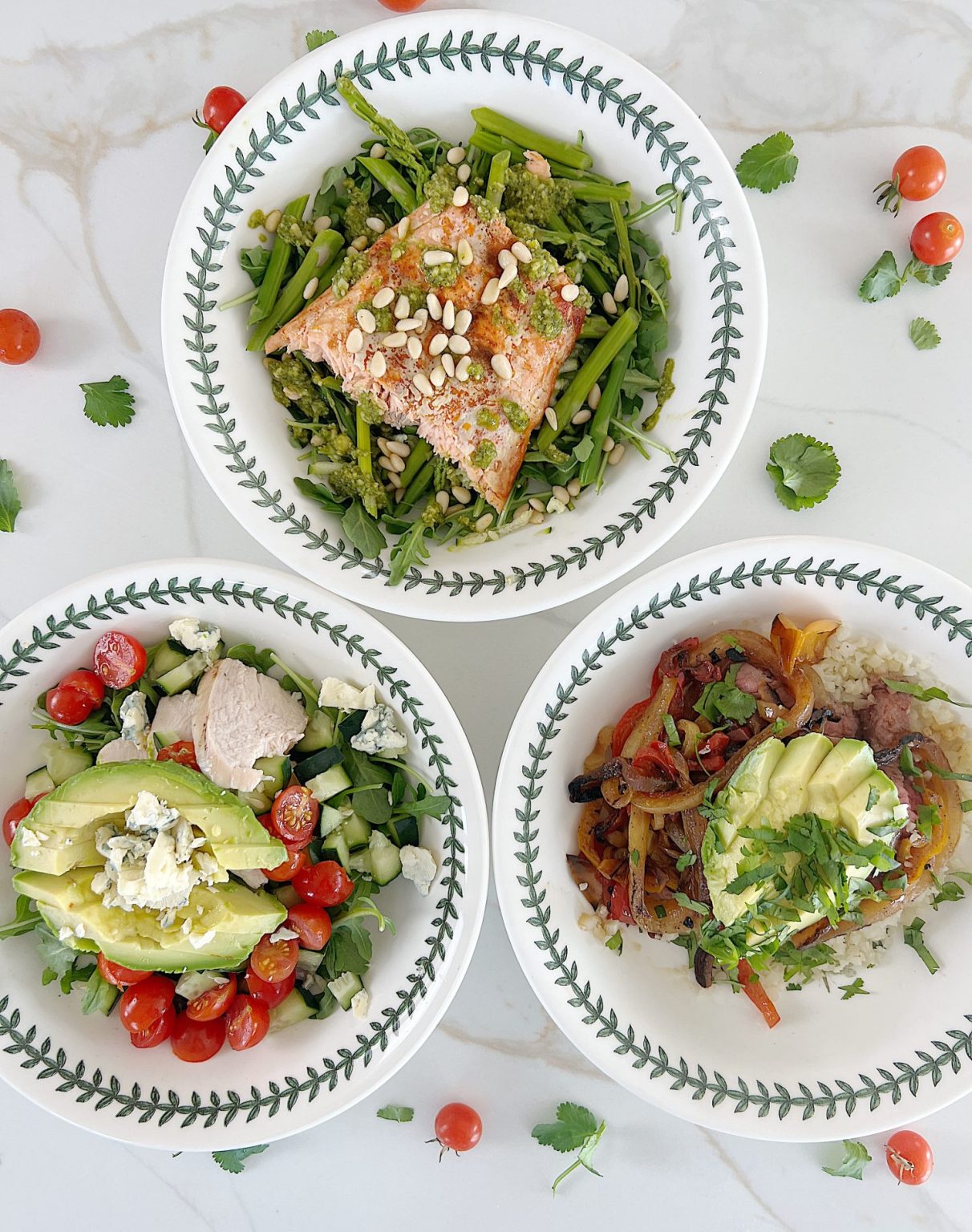 Three recipes for protein bowls - salmon, beef and chicken. They are loaded with vegetables and nutrients.