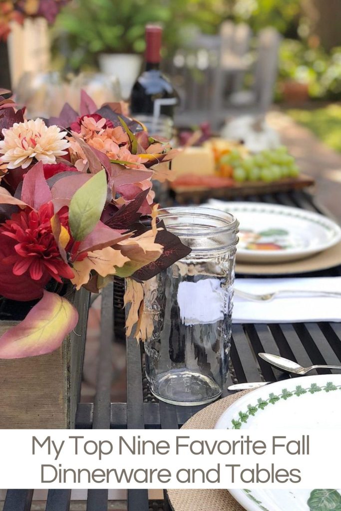A fall table set with gorgeous florals. Portmeirion dinner plates, and more.