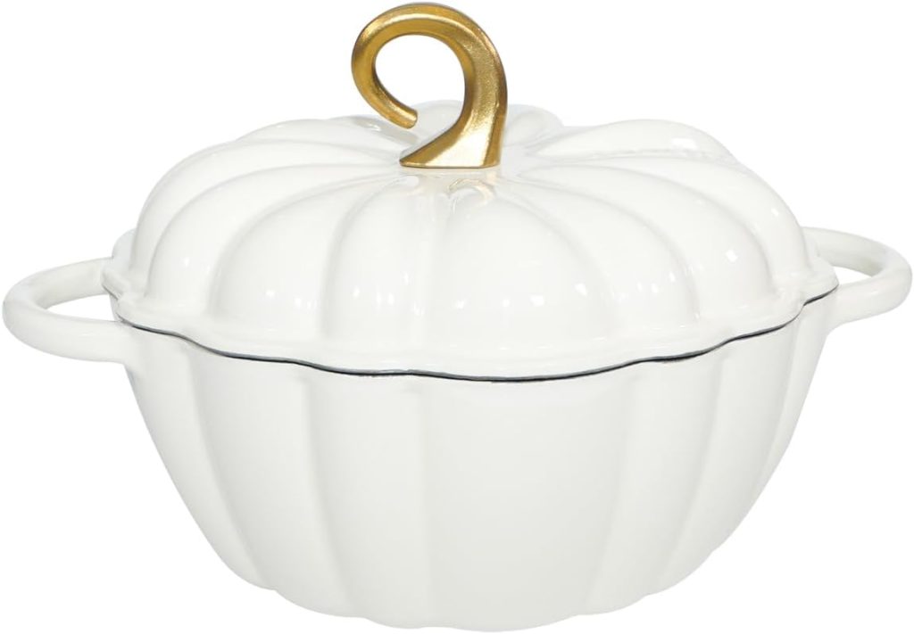 White pumpkin-shaped ceramic casserole dish with two side handles and a gold-colored stem on the lid—perfect for serving your favorite Pumpkin Trifle Recipe in festive style.