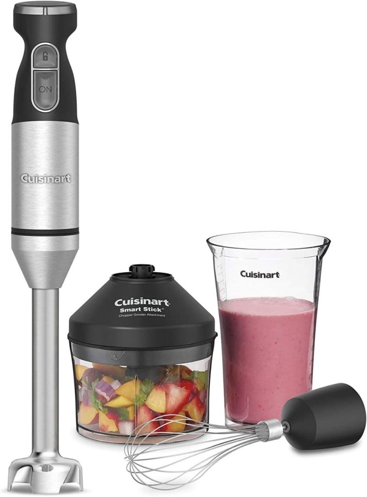 Cuisinart hand blender set with detachable stick, perfect for whipping up fall soup recipes. Includes a blending cup for smoothies, a chopping container ideal for vegetables, and a whisk attachment to round out your culinary toolkit.