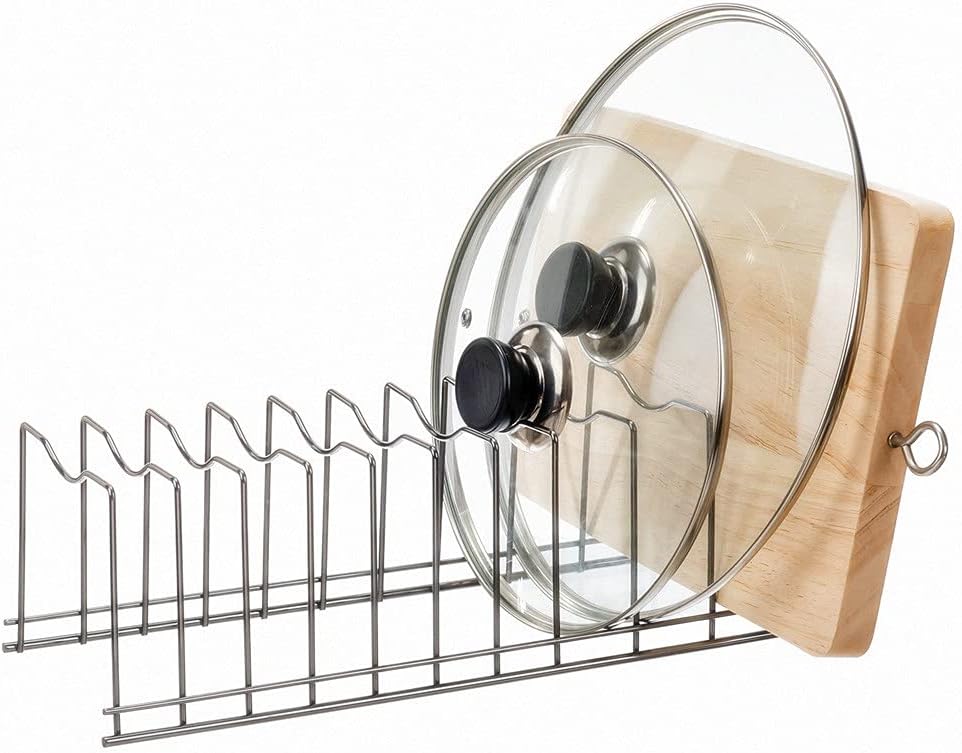 A metal rack elegantly holds pot lids and a cutting board, ready to assist with your favorite fall soup recipes, all against a crisp white background.