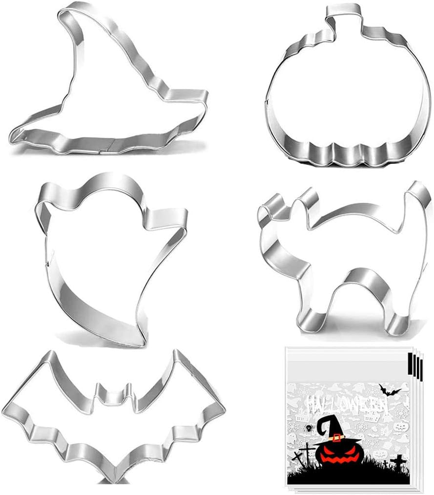 Set of five metal Halloween-themed cookie cutters, perfect for crafting spooky Halloween sugar cookies. Includes shapes of a witch's hat, pumpkin, ghost, cat, and bat. Displayed with a Halloween-themed plastic bag in the corner.