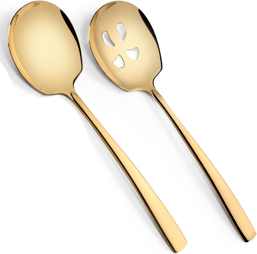 Two gold-colored serving spoons are shown; one is solid and the other is slotted with three oval cutouts—perfect for dishing up your favorite Pumpkin Trifle Recipe.