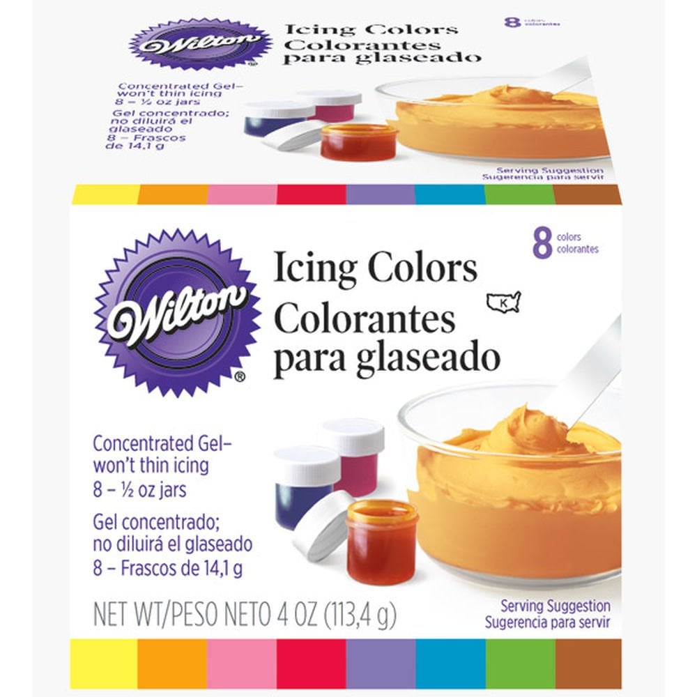 Package of Wilton Icing Colors with 8 concentrated gel containers in various colors, perfect for Halloween Sugar Cookies. Text in English and Spanish indicates they are for coloring icing and won't thin it. Net weight: 4 oz (113.4 g).