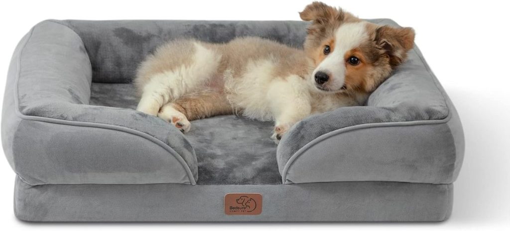 A small dog with a white and brown coat is lying on a soft, gray pet bed with raised sides, looking as content as if it were surrounded by Halloween sugar cookies.