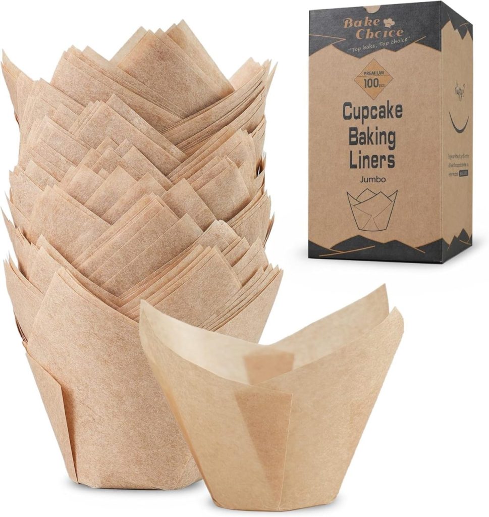 A stack of brown jumbo cupcake baking liners is shown in front of a box labeled "Cupcake Baking Liners Jumbo, 100 count, Bake Choice," perfect for your next Pumpkin Trifle Recipe.