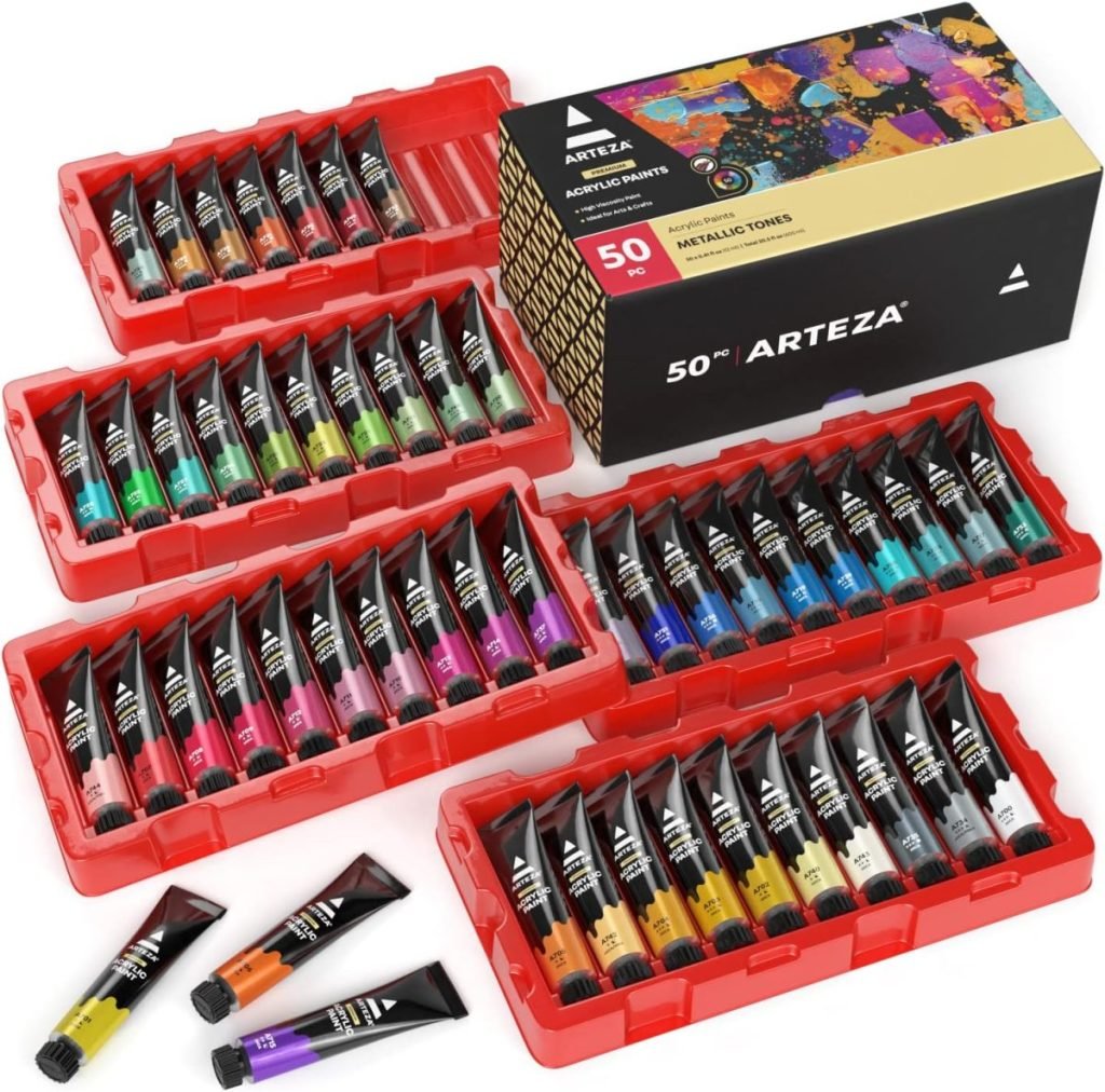 A set of 50 Arteza Metallic Tones acrylic paint tubes, reminiscent of cozy fall pillows, arranged in red trays with three tubes artfully placed at the bottom.