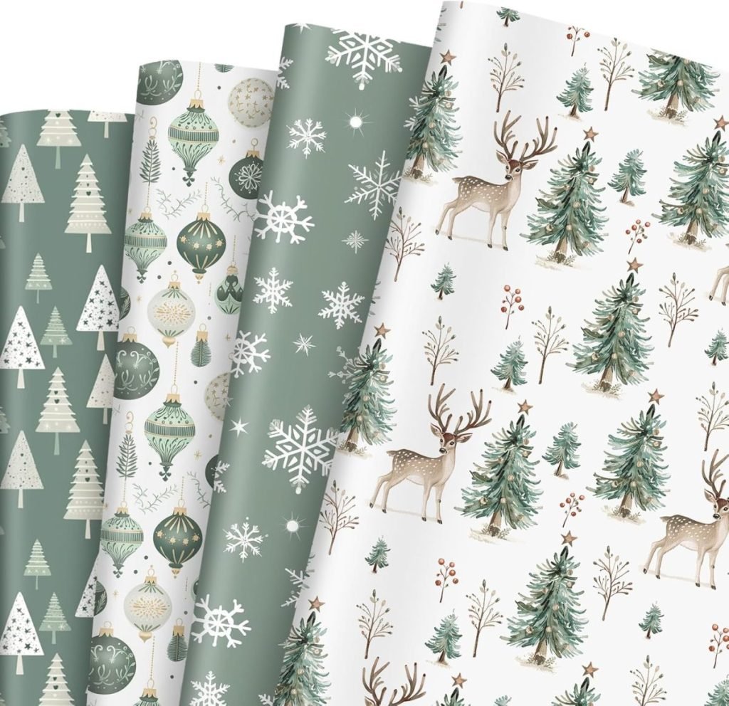 Four sheets of holiday-themed wrapping paper, like a cozy fall blanket, feature patterns of trees, ornaments, snowflakes, and deer in warm green, white, and beige tones.