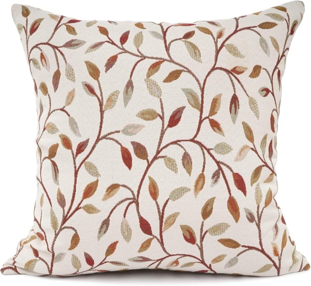 Square throw pillow with a white background, featuring an embroidered design of brown and red leaves on branches, perfect for enhancing your fall pillows collection.