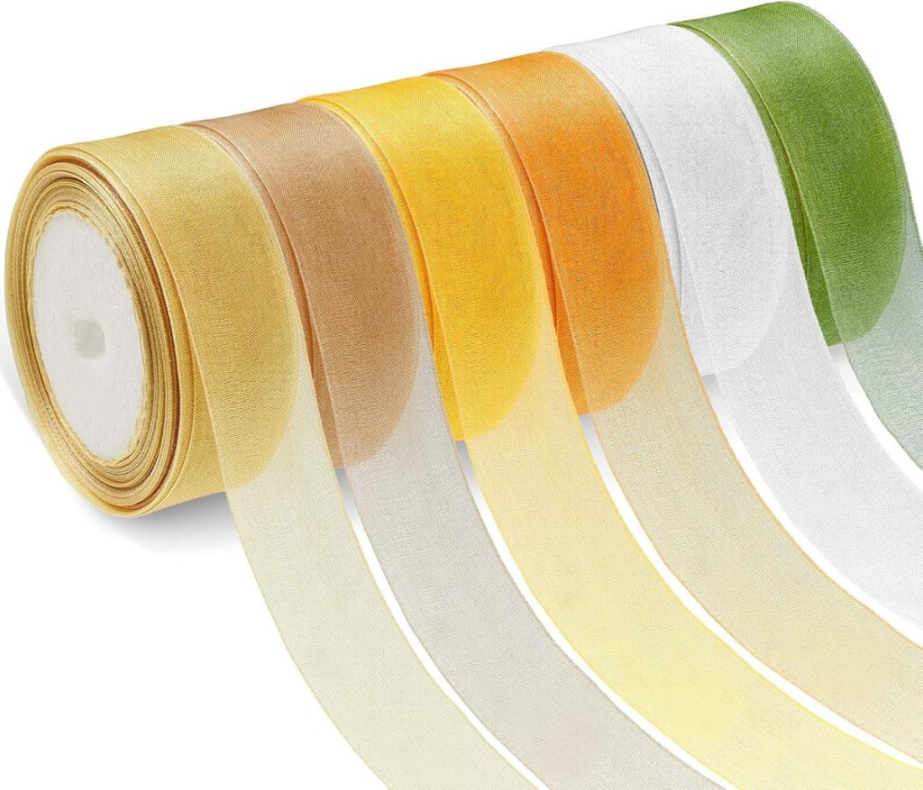 Rolls of translucent ribbon in shades of beige, orange, yellow, white, and green are lined up like a Thanksgiving wreath-in-the-making, partially unrolled against a white background.