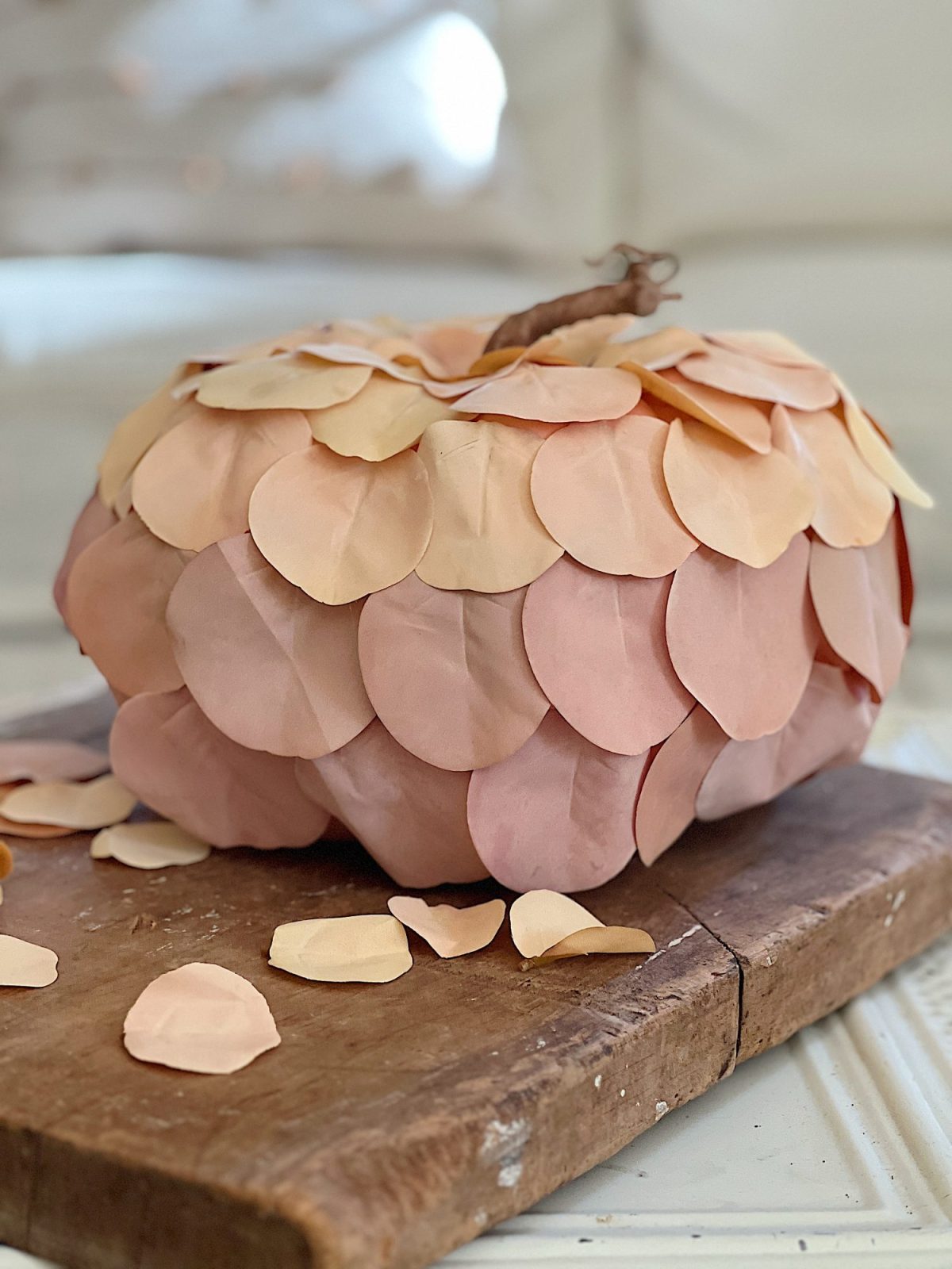 A handmade pumpkin made with a plastic cinderella pumpkin covered with faux eucalyptus leaves.