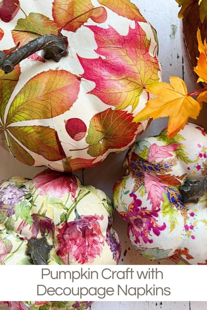 Plastic pumpkins covered with fall paper napkins.