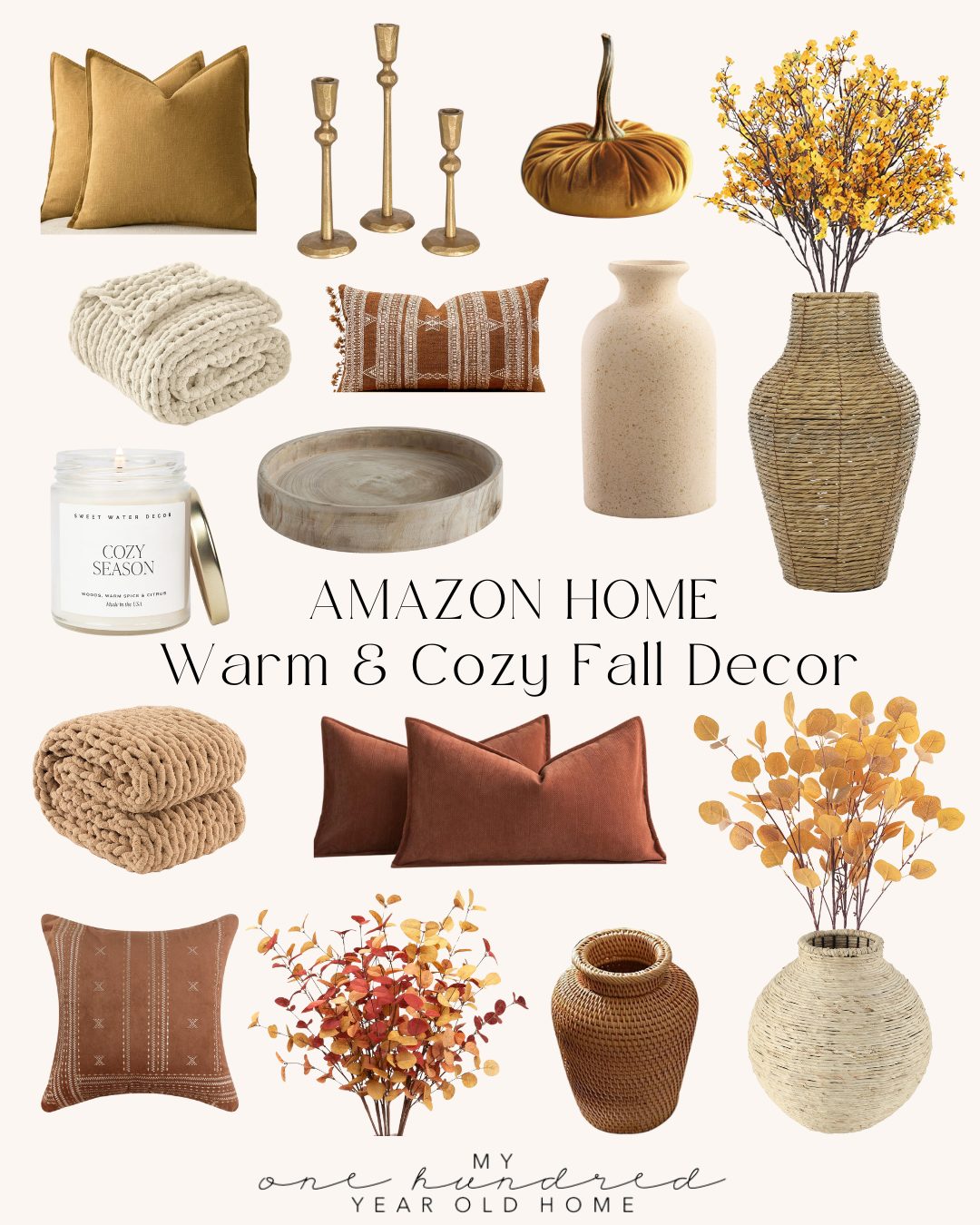 Collage of fall d&eacute;cor featuring cozy fall pillows, blankets, vases, candles, and autumn foliage in warm brown and orange tones. Text reads: "Amazon Home Warm & Cozy Fall Decor.