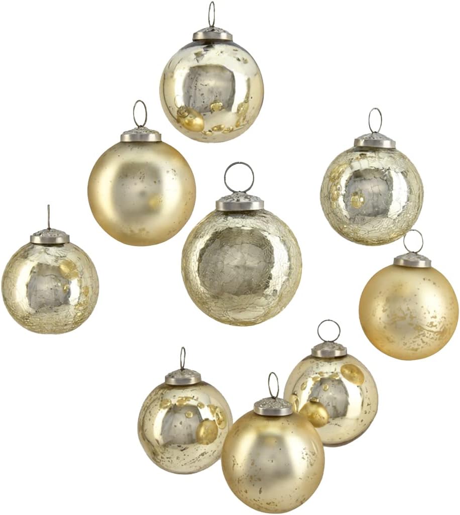 A collection of eight gold and silver Christmas ornaments with metallic finishes and hooks on top, perfect for adding a festive touch to your table setting this holiday season.