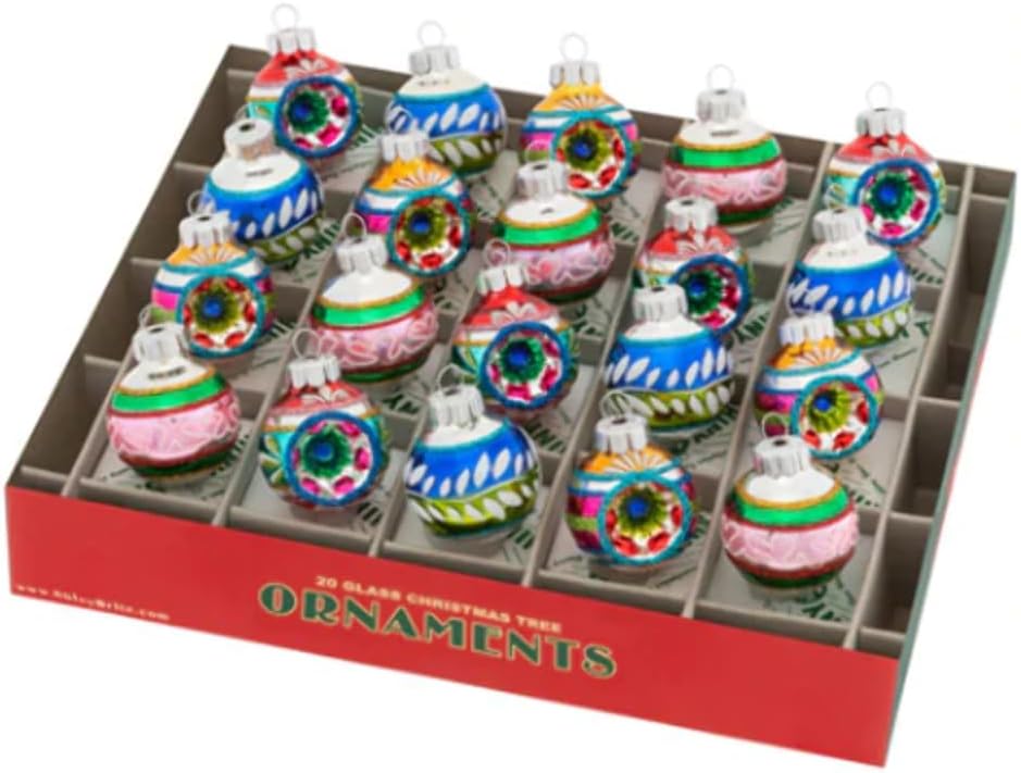 A box of 20 vintage Christmas ornaments, each glass piece displaying a unique pattern and color, organized neatly in individual compartments.