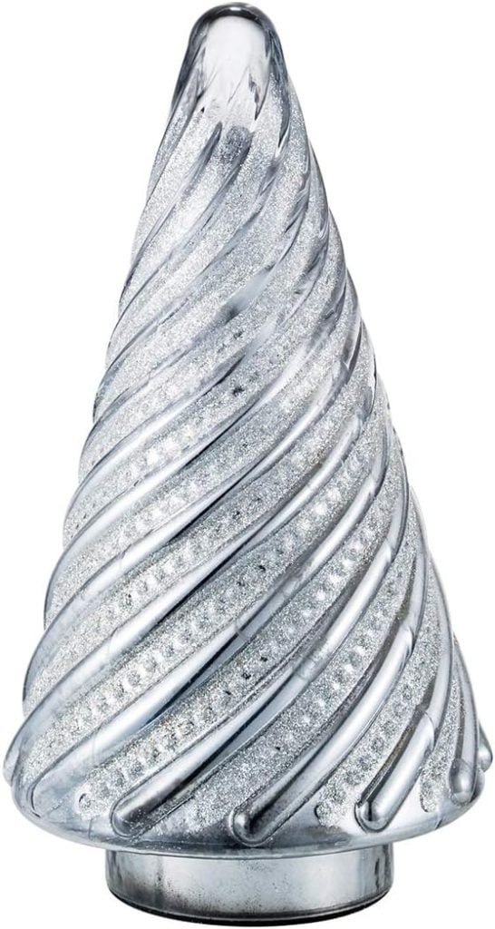 Glass ornament shaped like a Christmas tree with a spiral design and silver glitter accents, perfect to set a festive Christmas table.