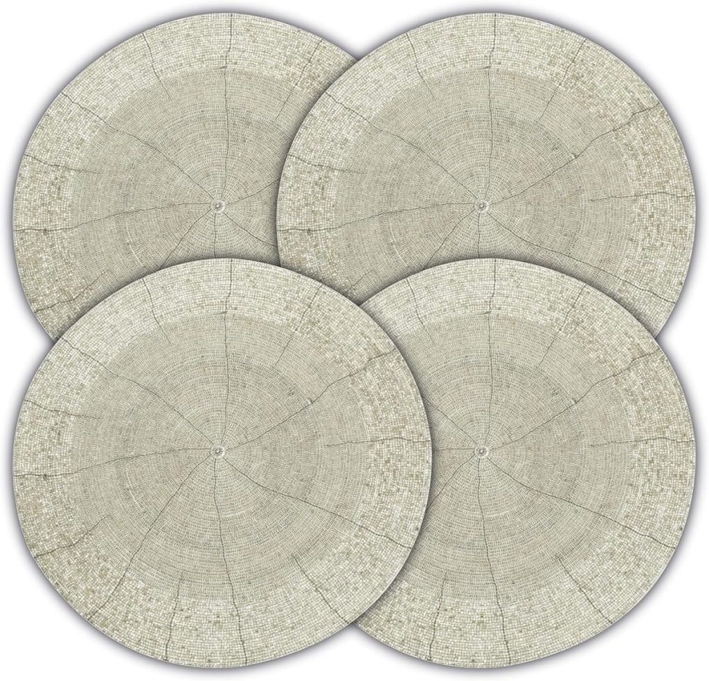 Set a Christmas table with this charming set of four round, beige placemats adorned with a tree ring pattern, arranged in a cozy square formation.