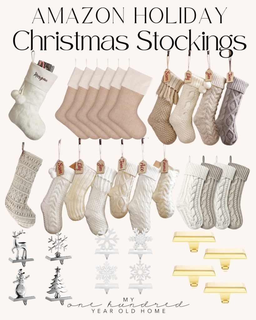 Collection of various knit and textured Christmas stockings in neutral tones, perfect for celebrating family traditions, with metal stocking holders and snowflake ornaments displayed below.