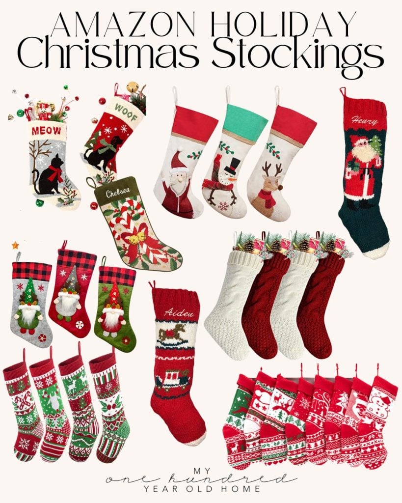 A variety of festive Christmas stockings, perfect for family traditions, feature designs like Santa, reindeer, and snowflakes, all beautifully displayed against a plain background.