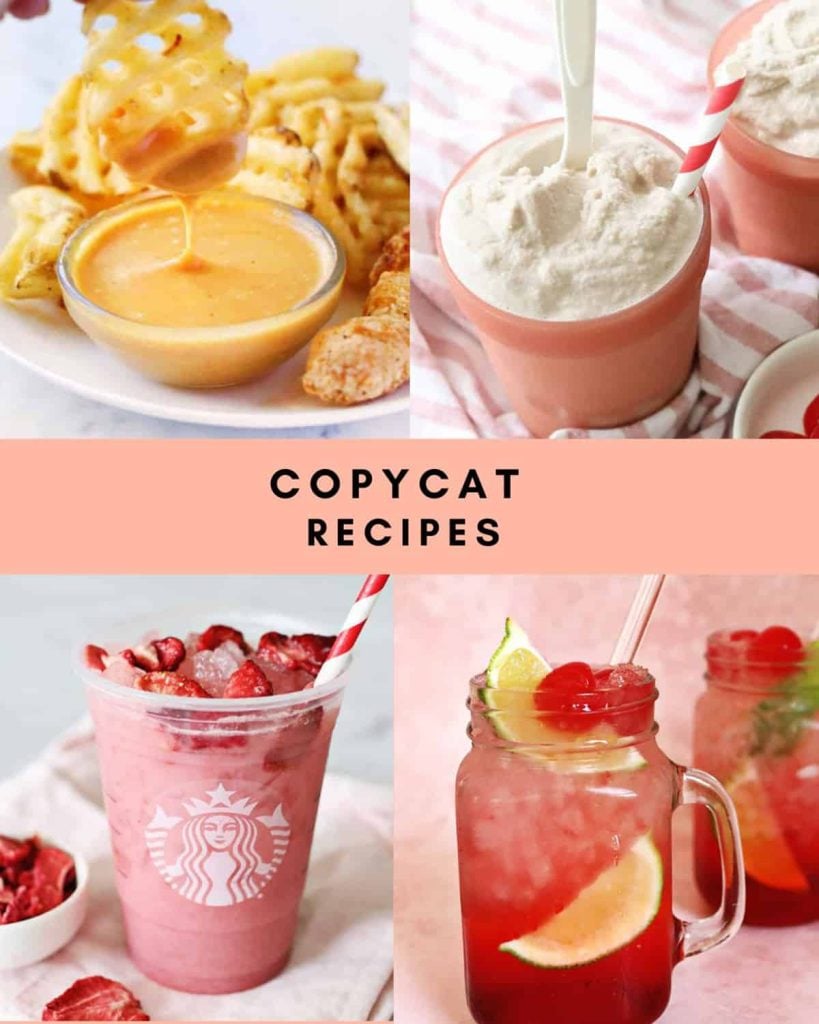 Four festive food and drink items: waffle fries with cheese sauce, milkshakes with striped straws, a Starbucks-inspired strawberry drink, and a mason jar with iced fruit tea. Text reads "Nutcracker Christmas Copycat Recipes.